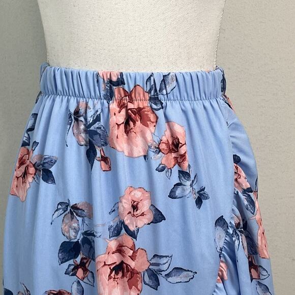 Miami Skirt size Small Blue Pink Roses Floral Ruffles Long High Low Wedding - Picture 2 of 11